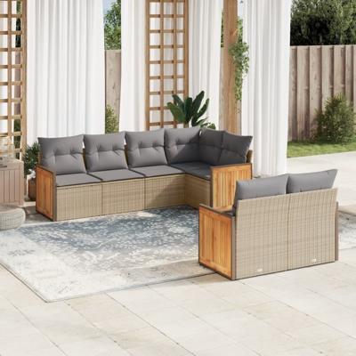 7-delige Loungeset met kussens poly rattan beige