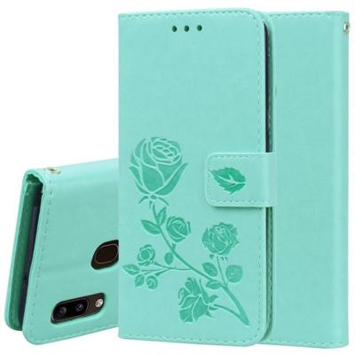 Voor Galaxy A20e ingedrukt afdrukken Rose patroon horizontale Flip PU lederen draagtas met houder & kaartsleuven & portemonnee (groen)