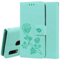 Voor Galaxy A20e ingedrukt afdrukken Rose patroon horizontale Flip PU lederen draagtas met houder & kaartsleuven & portemonnee (groen) - thumbnail