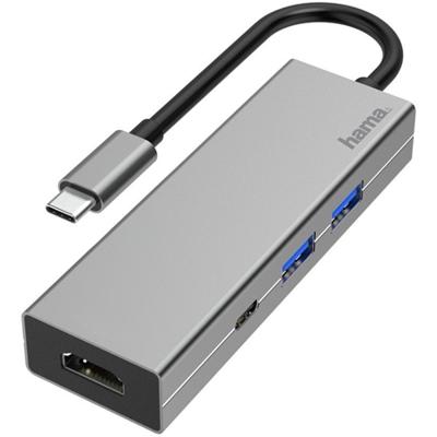 Hama USB-C-multiport-adapter, 4-poorts, 2x USB-A, USB-C, HDMI USB Hub Grijs
