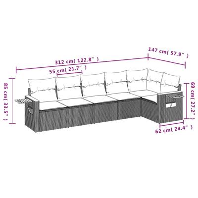 6-delige Loungeset met kussens poly rattan grijs - thumbnail