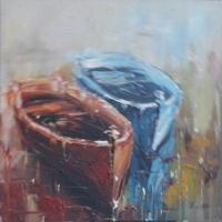 Schilderij - Handgeschilderd - Roeiboten 80x80cm - thumbnail