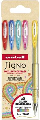 Uni-ball roller Signo Glitter, brede punt, geassorteerde kleuren, etui van 5 stuks