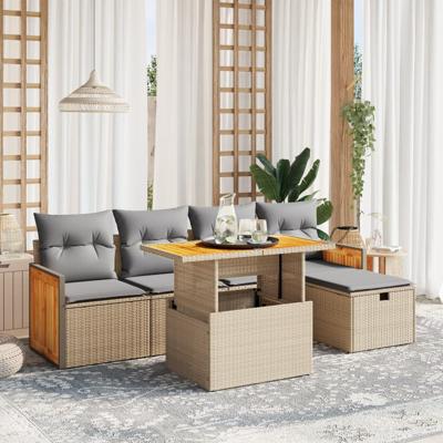 6-delige Loungeset met kussens poly rattan beige