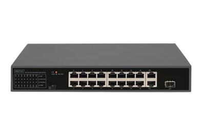 DIGITUS 18-poorts Fast Ethernet PoE netwerkswitch - 16x 100 Mbps RJ45 + 1x Gbps RJ45 combo + 1x SFP-poort - 19 inch - 185W PoE budget - 10/100 Mbps