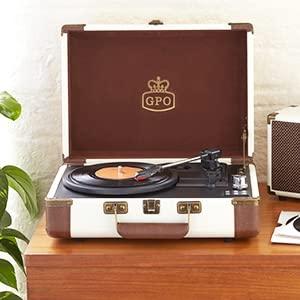 GPO SW196FCR AMBASSADOR Portable USB Bluetooth Turntable with SpeakersCream/Tan