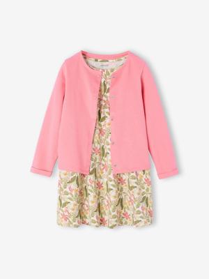 Set jurk + cardigan voor meisje roze, bedrukt