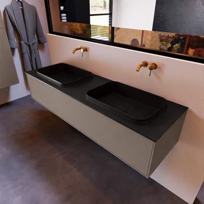 Badkamermeubelset Mondiaz Erin 150 cm met 1 Lade met RIDGE Wastafel Dubbel Urban Zonder Kraangaten Greeploos Mat Smoke