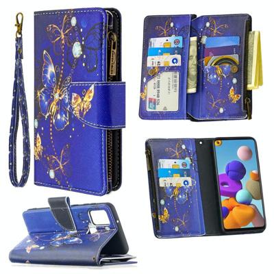 Voor Samsung Galaxy A21s Gekleurd tekenpatroon Rits Horizontale Flip Lederen case met Holder & Card Slots & Wallet(Purple Butterfly)