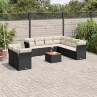 10-delige Loungeset met kussens poly rattan zwart - thumbnail