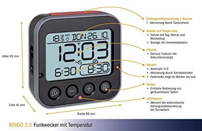 TFA Dostmann 60.2550.01 Wekker Zendergestuurd Zwart Alarmtijden 2 Groot display - thumbnail