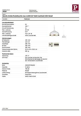 Paulmann Neordic Embla 79628 Hanglamp LED E27 20 W Wit (mat), Goud