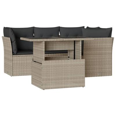 5-delige Loungeset met kussens poly rattan lichtgrijs