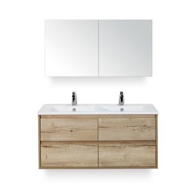 Porto Badmeubelset 120 cm - 4 laden Natuur Eiken - Keramische Wastafel Wit Slim - met Spiegelkast