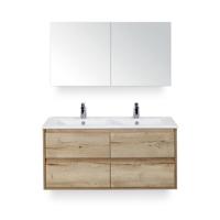 Porto Badmeubelset 120 cm - 4 laden Natuur Eiken - Keramische Wastafel Wit Slim - met Spiegelkast - thumbnail