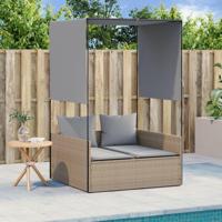 Ligbed tweepersoons met dak en gordijn poly rattan beige - thumbnail