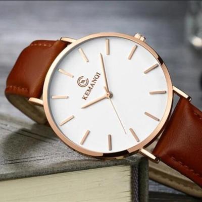 KEMANQI eenvoudige ultradunne waterdichte stalen mesh riem quartz horloge voor mannen (Ultra-Thin Rose Gold shell witte wijzerplaat koffie band)