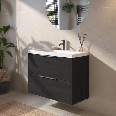 Saqu Lima ondiep badmeubel incl. glans witte wastafel 80x40x64cm eiken zwart - geborsteld zwarte greep