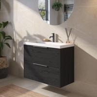Saqu Lima ondiep badmeubel incl. glans witte wastafel 80x40x64cm eiken zwart - geborsteld zwarte greep - thumbnail