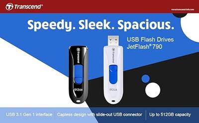 Transcend JetFlash® 790 USB-stick 512 GB Zwart, Blauw TS512GJF790K USB-A 3.1 Gen 1 Transcend JetFlash® 790 USB-stick 512 GB Zwart, Blauw TS512GJF790K USB-A 3.1 Gen 1