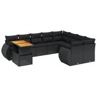 10-delige Loungeset met kussens poly rattan zwart - thumbnail