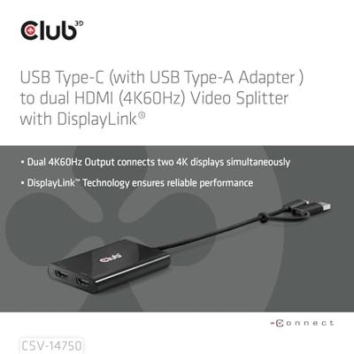 club3D USB-C Adapter [1x USB-A-stekker, USB-C stekker - 1x HDMI-stekker, DisplayPort stekker] Club 3D - Videoadapter - 24 pin USB-C, USB Typ A (M) 0.18 m