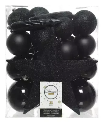 Decoris Kerstballen Plastic mix+piek 33st Zwart