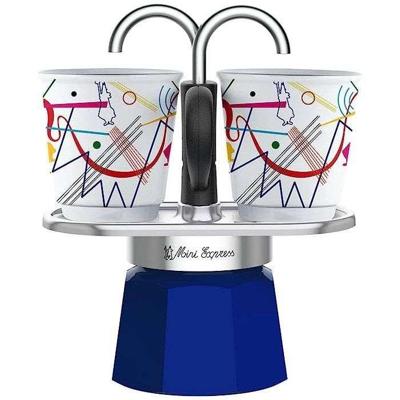 Italiaanse koffiezetset + 2 kopjes - BIALETTI - Mini-express KANDINSKY - 100 ml - Roestvrij staal / Blauw