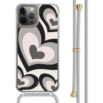 iPhone 12 (Pro) hoesje met grijs koord - Hart swirl zwart iPhone 12 (Pro) hoesje met grijs koord - Hart swirl zwart