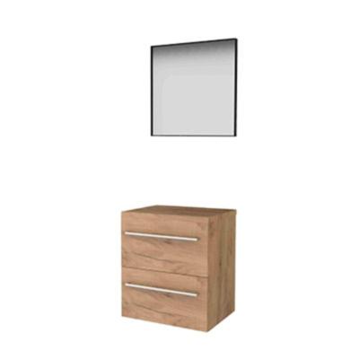 Basic-Line Framed 46 Badkamermeubelset - 60 x 46 cm - Met Grepen - 2 Lades - Wastafelblad - Spiegel met Zwart Aluminium Frame - Whisky Oak