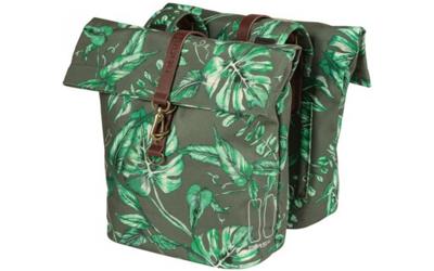 Basil ever-green dubbele fietstas, gerecycled pet, waterkerende vouwsluiting, vegan leather, 28-32l, thyme groen