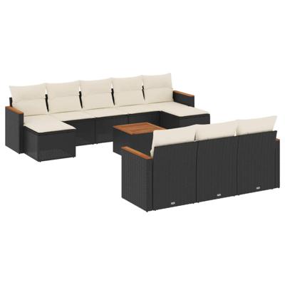 10-delige Loungeset met kussens poly rattan zwart - thumbnail