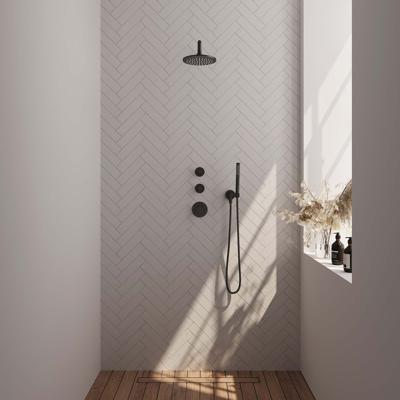 Inbouw Regendouche Set Brauer Black Edition Gebogen Wanduitloop Ronde Hoofddouche 20 cm Met Twee Stopkranen Mat Zwart Brauer