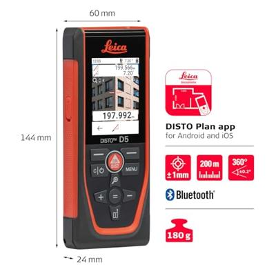 Leica Disto D5 Laserafstandsmeter Bluetooth, Documentatie-app, Li-ion accu 200 m Leica Disto D5 Laserafstandsmeter Bluetooth, Documentatie-app, Li-ion accu 200 m