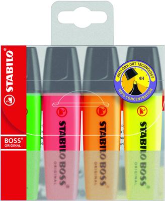 STABILO BOSS ORIGINAL markeerstift, etui van 4 stuks in geassorteerde kleuren