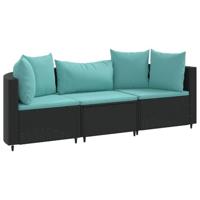 3-delige Loungeset met kussens poly rattan zwart - thumbnail