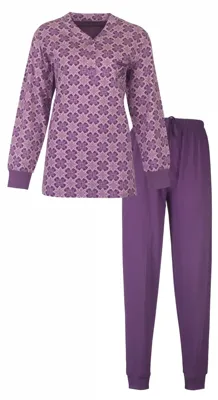 Medaillion dames pyjama lange mouw - Purple Flower - 100% katoenen paarse pyjama