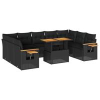 10-delige Loungeset met kussens poly rattan acacia zwart - thumbnail