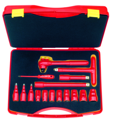 Friedrich 1/2'' Doppenset 10-27mm 1000V VDE + Omschakelbare Ratel, 16-delig in kunststof koffer 450 x 360 x 106 mm