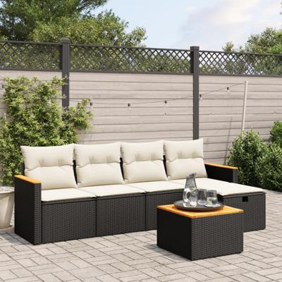 5-delige Loungeset met kussens poly rattan zwart