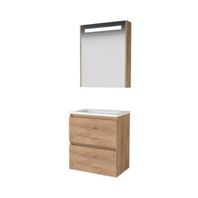 Basic-Line Premium 39 Badkamermeubelset - Ondiep - 60 x 39 cm - Greeploos - 2 Lades - Keramische Wastafel - 1 Kraangat - Spiegelkast met LED Verlichting - Whisky Oak