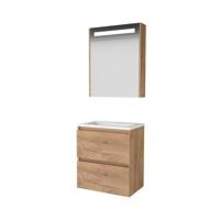 Basic-Line Premium 39 Badkamermeubelset - Ondiep - 60 x 39 cm - Greeploos - 2 Lades - Keramische Wastafel - 1 Kraangat - Spiegelkast met LED Verlichting - Whisky Oak - thumbnail