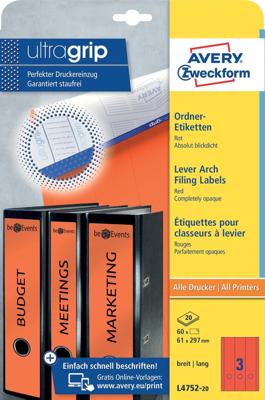Avery Zweckform L4752-20 ordnerrugetiketten ft 29,7 x 6,1 cm (b x h), 60 etiketten, rood Avery Zweckform L4752-20 ordnerrugetiketten ft 29,7 x 6,1 cm (b x h), 60 etiketten, rood