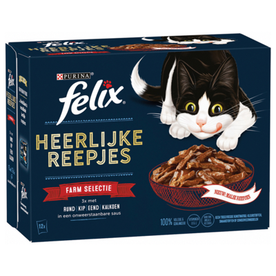 Felix Heerlijke Reepjes Farm Selectie met rund, kip, eend, kalkoen in saus natvoer kat 4 x (12 x 80 g) Felix Heerlijke Reepjes Farm Selectie met rund, kip, eend, kalkoen in saus natvoer kat 4 x (12 x 80 g)