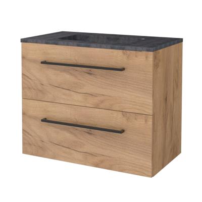 Badmeubelset BWS Salt 80x46cm Met Grepen 2 Lades Met Wastafel Hardsteen 1 Kraangat Whisky Oak