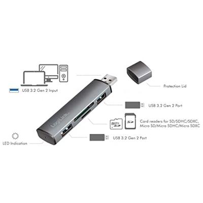 LogiLink UA0394 USB 3.2 Gen 2-hub Met aluminium behuizing, Met ingebouwde SD-kaartlezer, Met status-LEDs Space grijs LogiLink UA0394 USB 3.2 Gen 2-hub Met aluminium behuizing, Met ingebouwde SD-kaartlezer, Met status-LEDs Space grijs