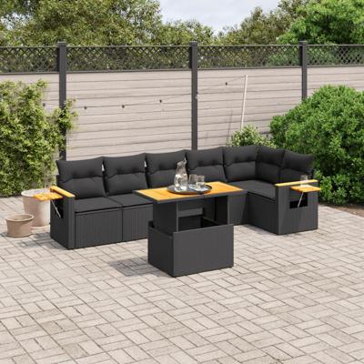 7-delige Loungeset met kussens poly rattan zwart