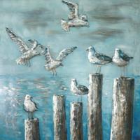Schilderij - Metaalschilderij -Zeemeeuwen, Zeezicht,100x100cm, 3D schilderij - thumbnail