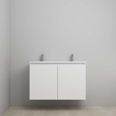 On-Line Onderkast - 100 cm - Voorgemonteerd - Greeploos 2 Deuren - Acryl Wastafel - 2 Kraangaten - Hoogglans Wit