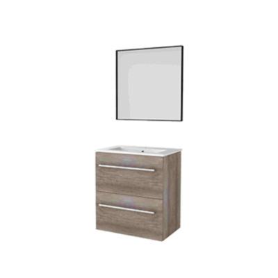 Basic-Line Framed 39 Badkamermeubelset - Ondiep - 60 x 39 cm - Greeploos - 2 Lades - Keramische Wastafel - 1 Kraangat - Spiegel met Zwart Aluminium Frame - Scotch Oak